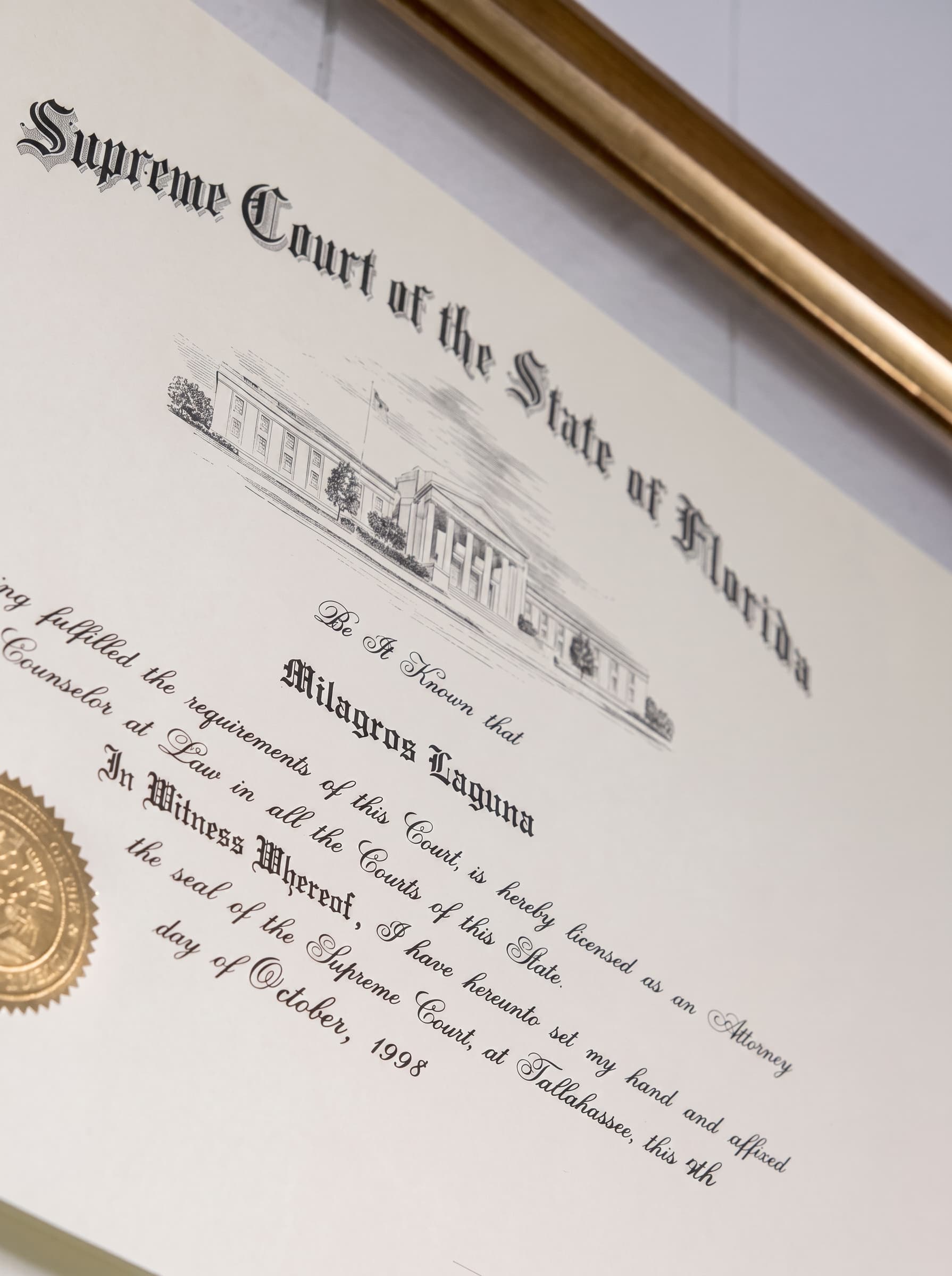Framed Supreme Court of Florida admission certificate, October 1998